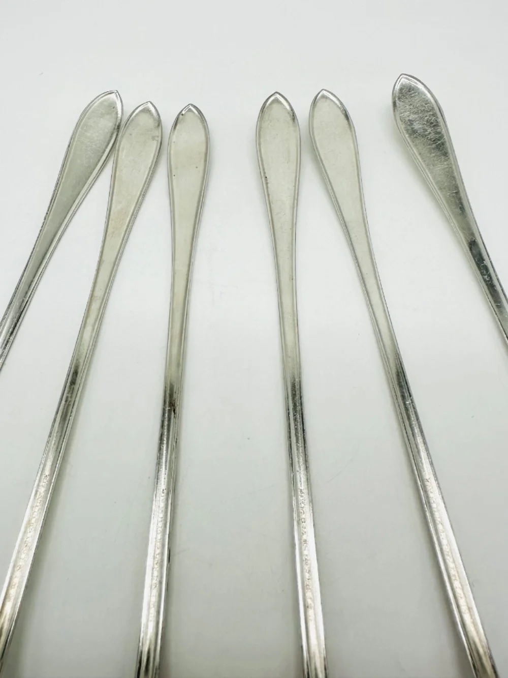 NEW ENGLAND Silver Plate Long Iced Tea Spoons LOT of 6 - Antique 1919 Rosemary